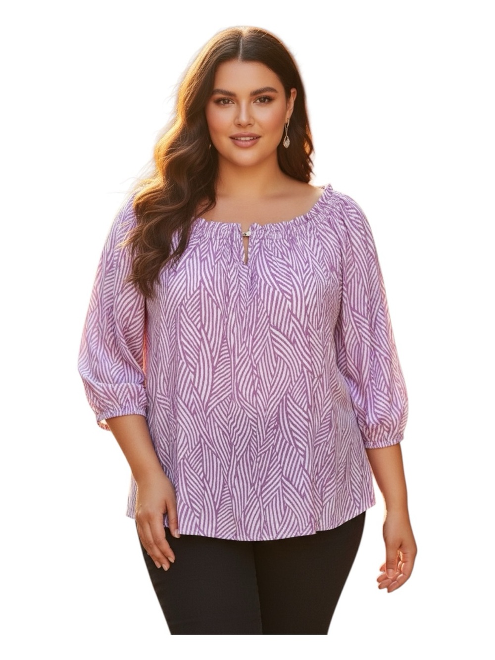 Terra & Sky Plus Size 2X (20W-22W) Lavender & White Printed Peasant Blouse